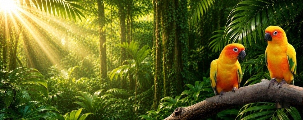 Twee zonparkieten in een groene jungleomgeving