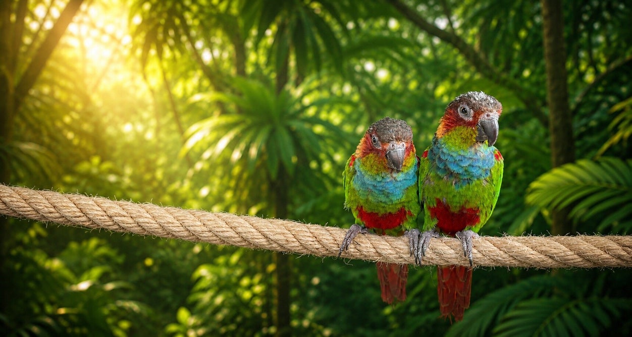Papegaaien op natuurlijk sisaltouw in een groene tropische omgeving