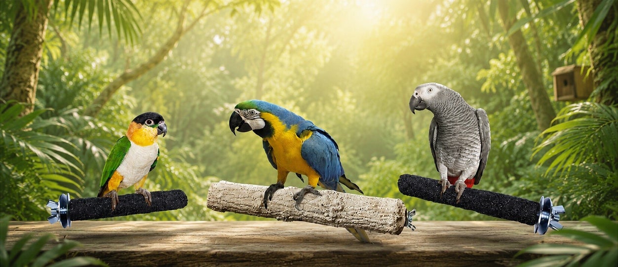 Caique, blauwgele ara en grijze roodstaart op OnyxPerch en betonnen slijtstokken in een natuurlijke groene omgeving