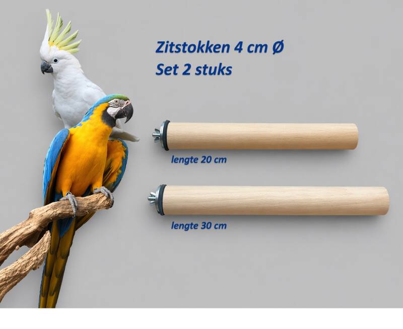 Zitstok set van 2 stuks met 4 cm doorsnede (25 en 30 cm) – ideaal voor grote papegaaien, biedt maximale grip, stabiliteit en comfort in de kooi of volière.