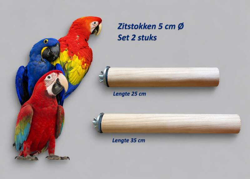 Zitstok set van 2 stuks met 5 cm doorsnede (25 en 35 cm) – geschikt voor de grootste papegaaien, biedt maximale grip, stabiliteit en comfort in de kooi of volière.