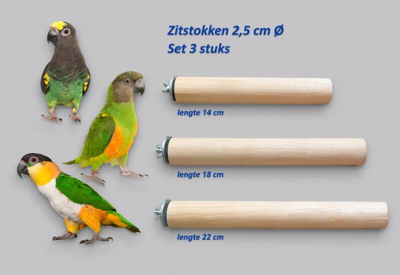 Zitstok set van 3 stuks met 2,5 cm doorsnede (14, 18 en 22 cm) – ideaal voor grotere parkieten en kleine papegaaien, biedt extra grip en comfort in de kooi of volière.