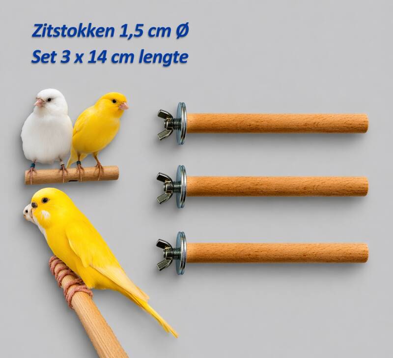 Zitstok 15 mm 3 x 14 cm lengte  voor kleine vogels voor extra zitplaatsen en variatie in kooi of volière