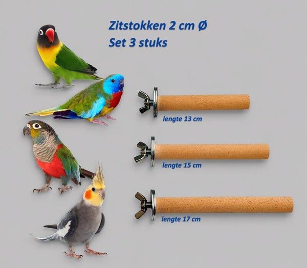 Zweef zitstokken voor vogels 20 mm beukenhout set van 3 (13 / 15 / 17 cm)