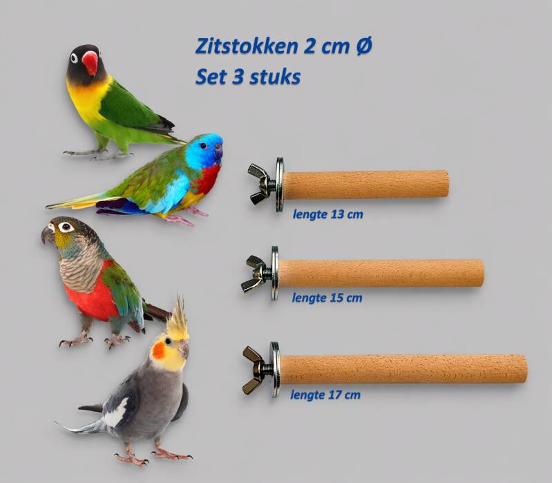 Zitstok set van 3 stuks met 2 cm doorsnede (13, 15 en 17 cm) – geschikt voor middelgrote vogels en zorgt voor variatie en comfort in de kooi of volière.