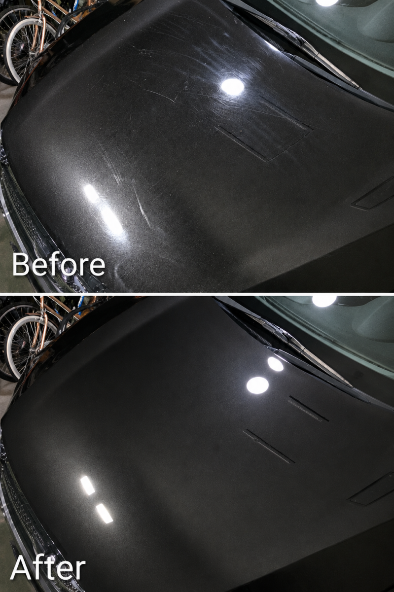 Paint correction - before after scratches on bonnet 