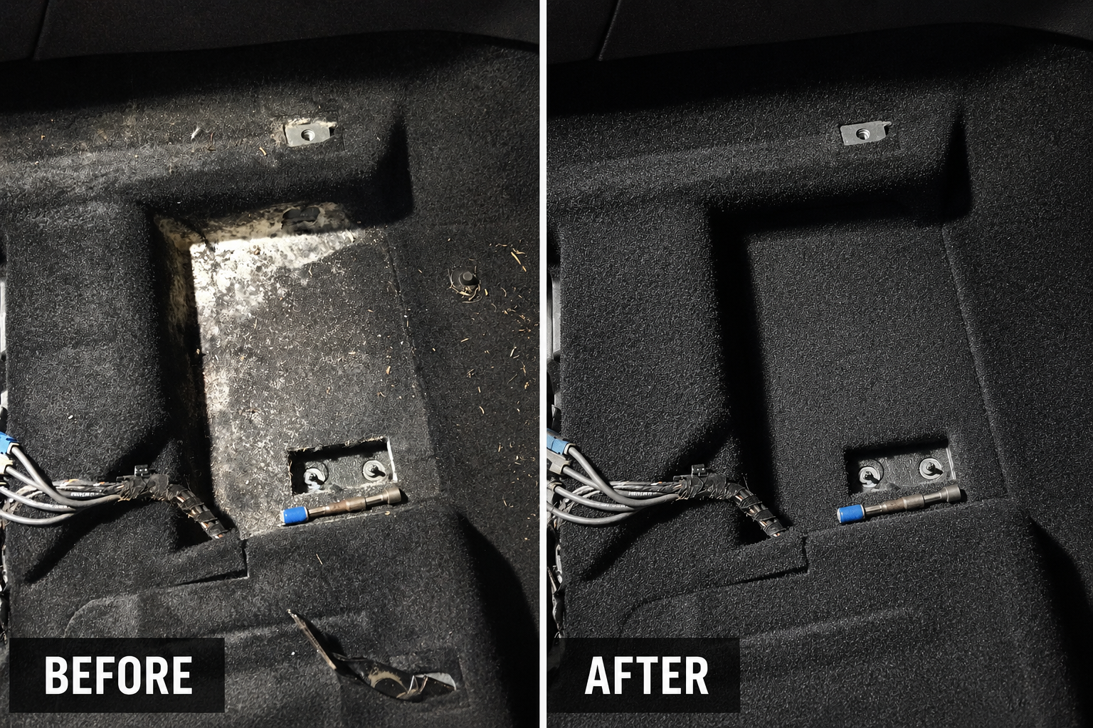 Spilt milk hidden under seats - before after