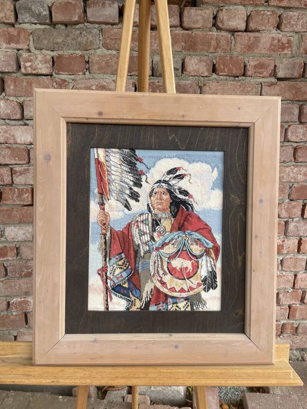 Hochwertiges, Handgefertigtes, Stickbild, Indianer