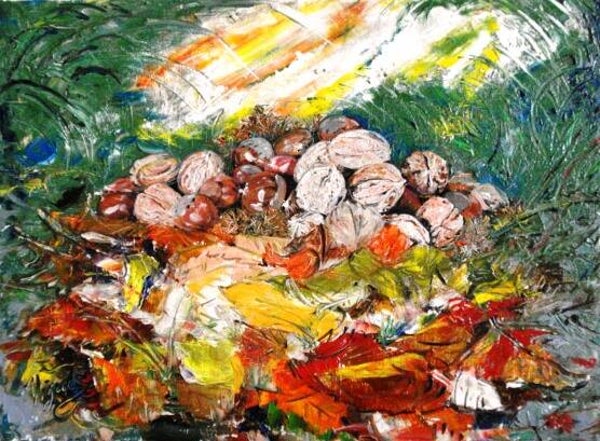"intreccio di colori" castagne e noci olio su tela cm. 40 x 30