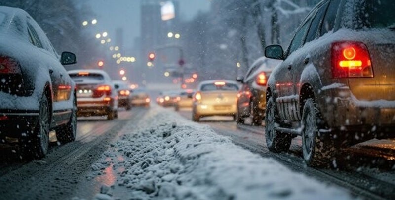 Multiple cars waiting in traffic on a snowy road