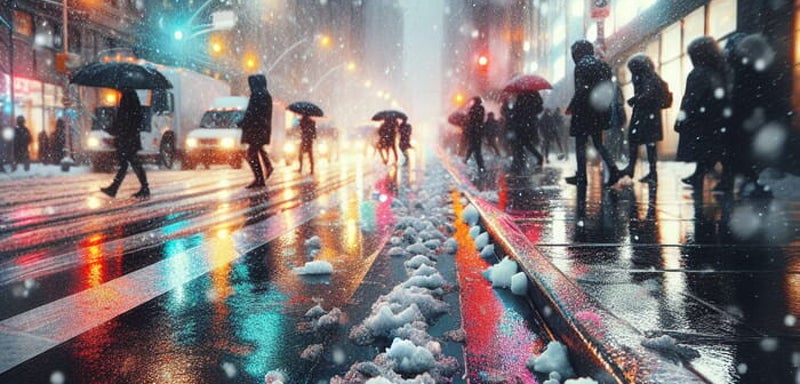 AI generated image of people crossing a snowy street