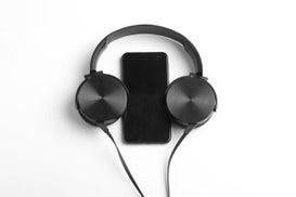 Black Phone with Headphones with with white background
