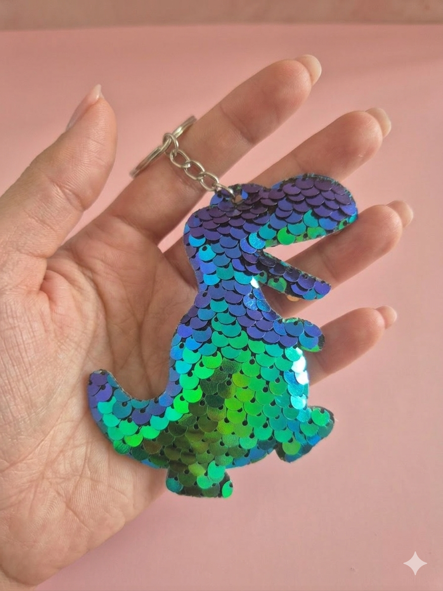 Porte clef sequins dinosaure vert/violet