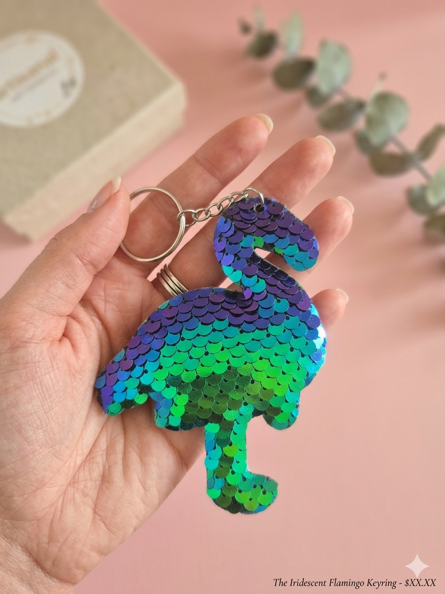 Porte clef flament sequins vert/violet