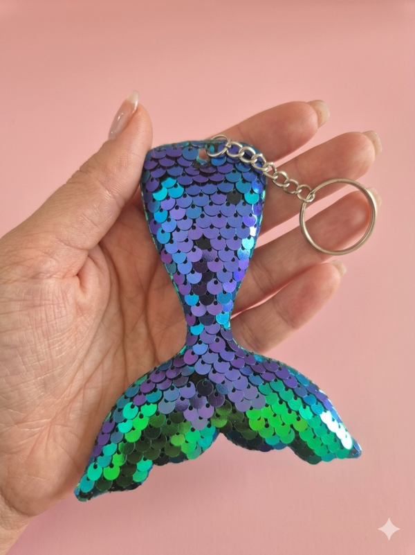 Porte clef sequins queue sirene vert/violet