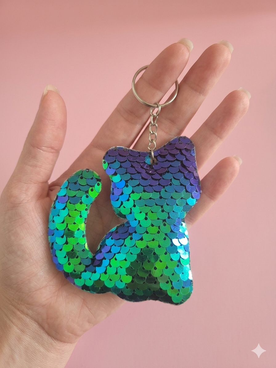 Porte clef sequins chat vert/violet