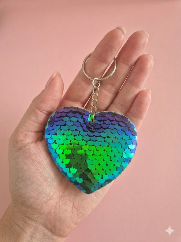 Porte clef sequins coeur vert/violet
