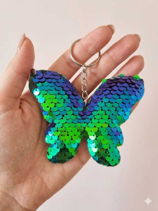 Porte clef sequin papillon vert/violet