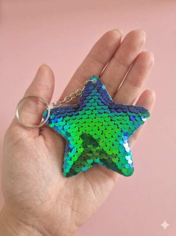 Porte clef sequin etoile vert/violet