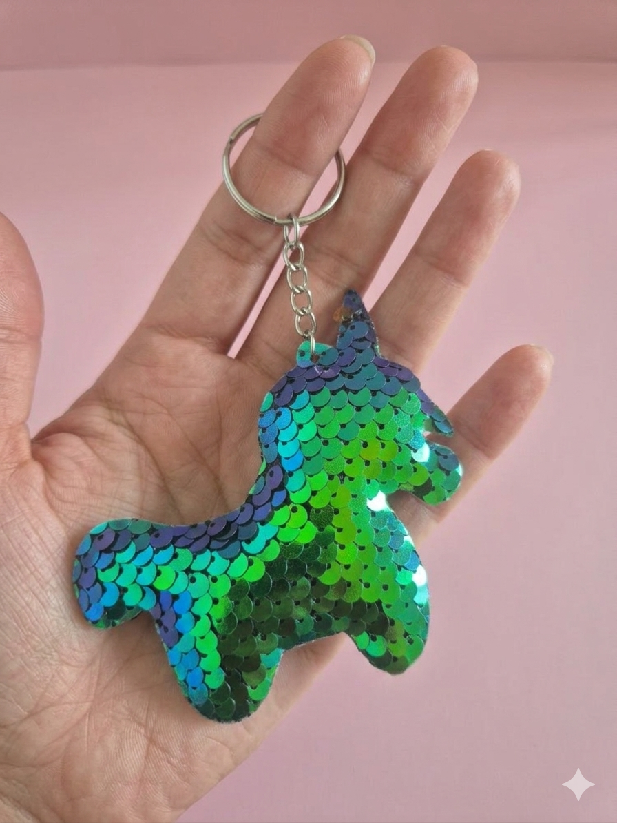 Porte clef sequins licorne vert/violet