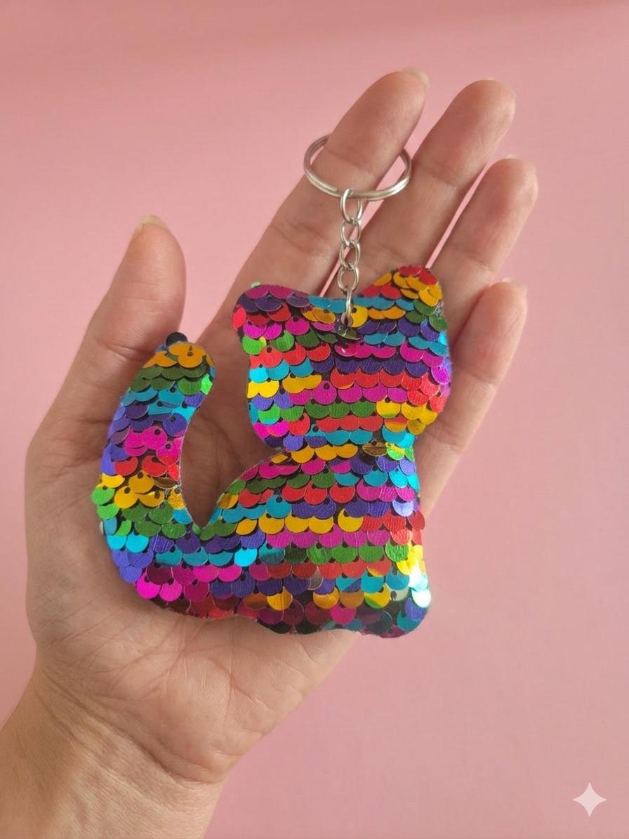 Porte clef sequin chat multicolore