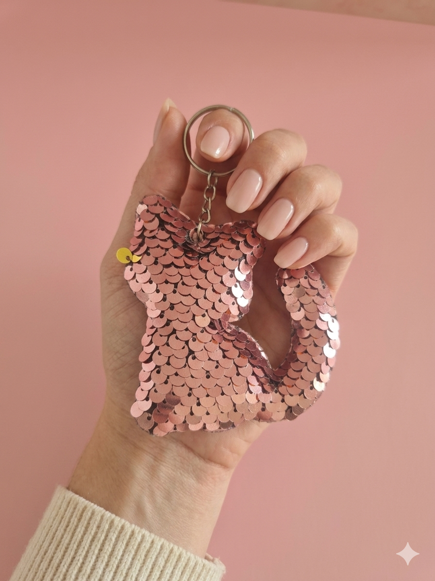 Porte clef sequins chat rose