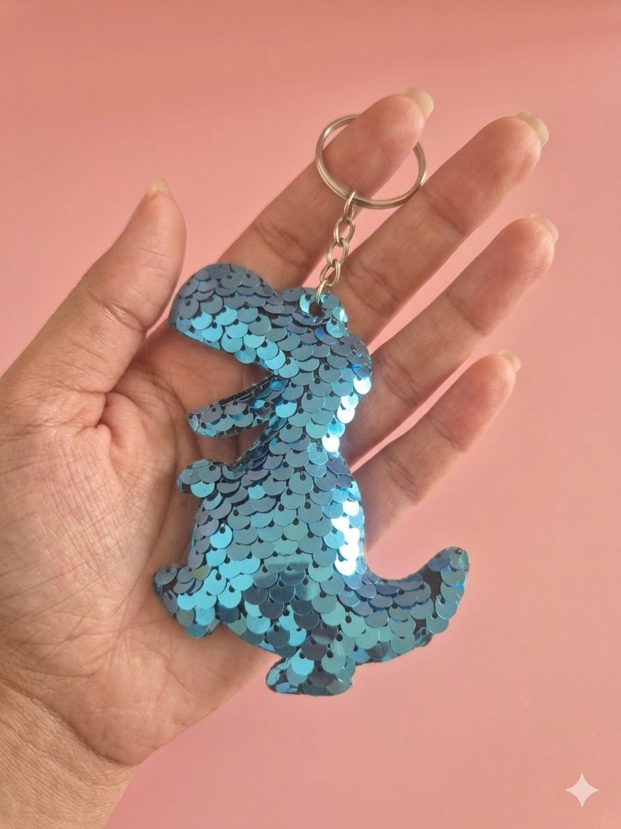 Porte clef sequins dinosaure bleu