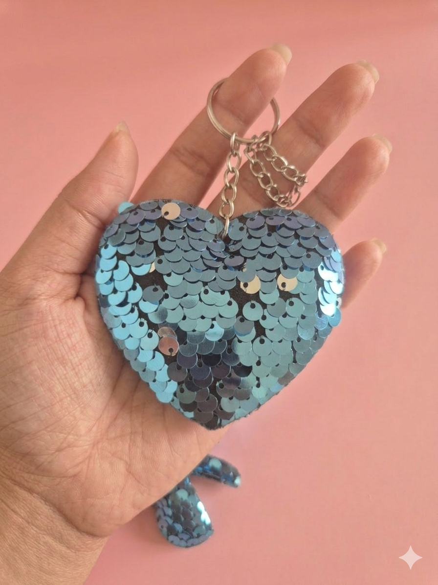 Porte clef sequins coeur bleu