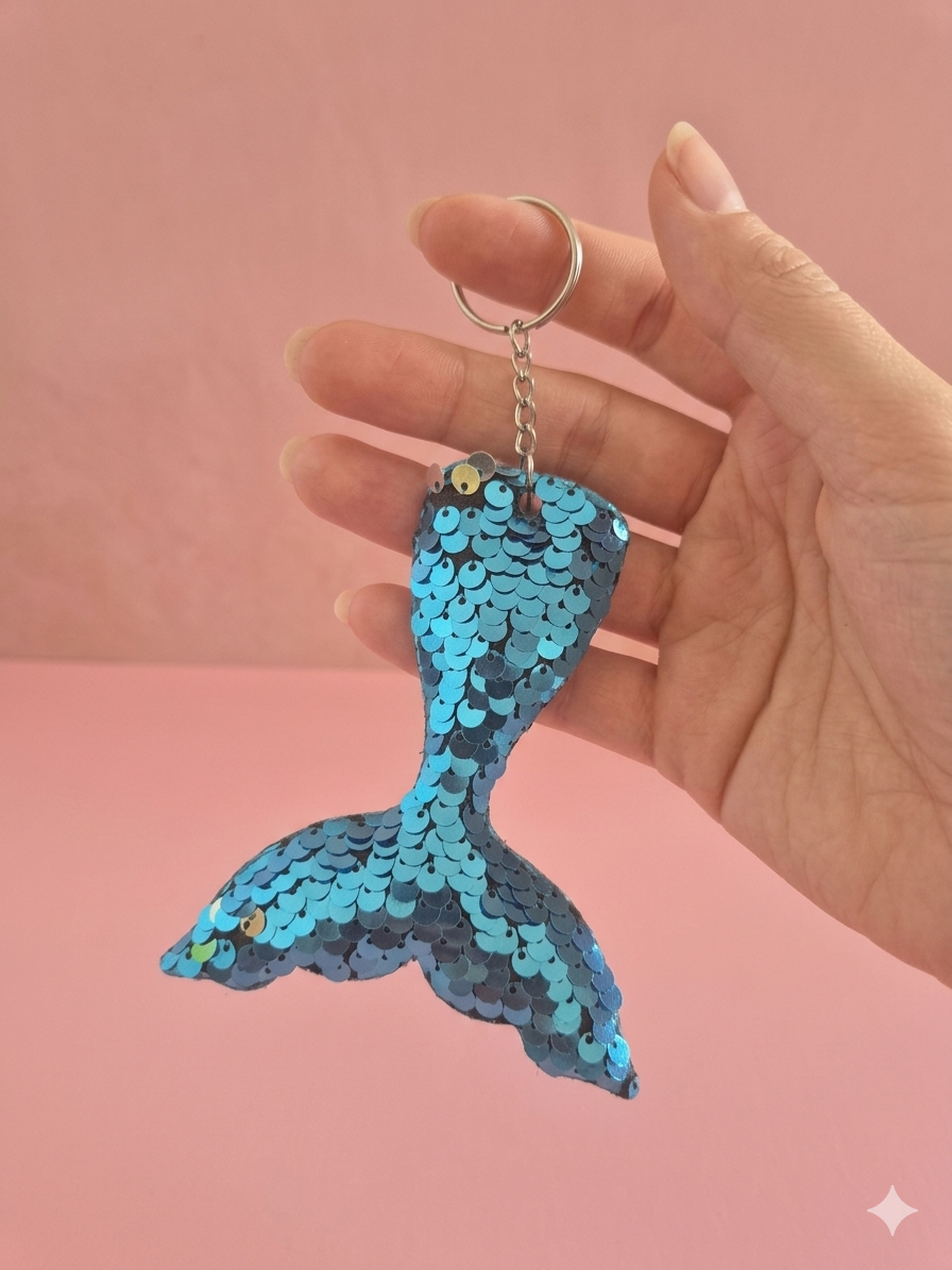 Porte clef sequins queue sirene bleu