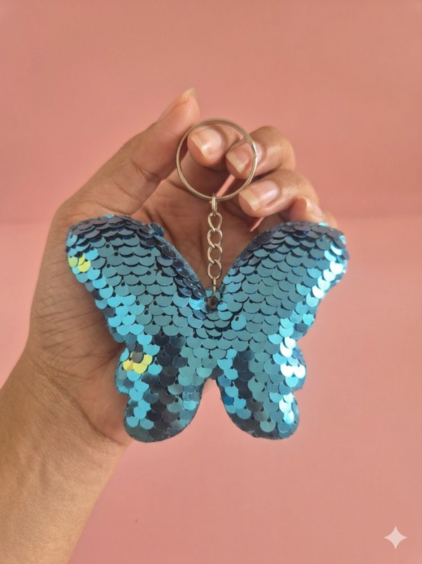 Porte clef sequins papillon bleu