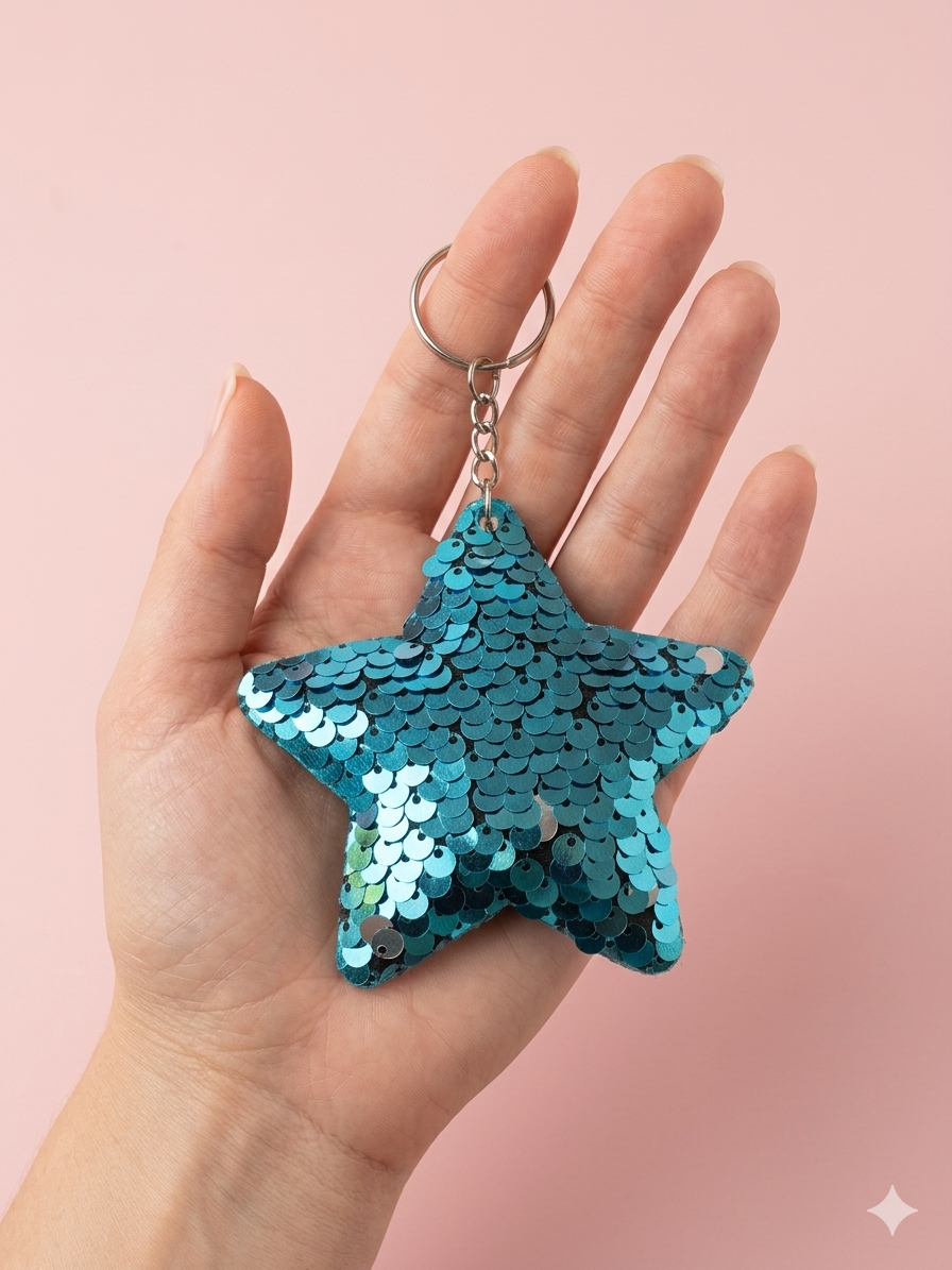 Porte clef sequins etoile bleu