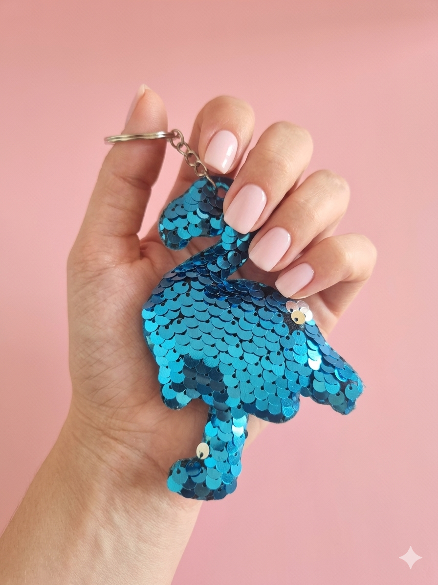 Porte clef flament sequins bleu