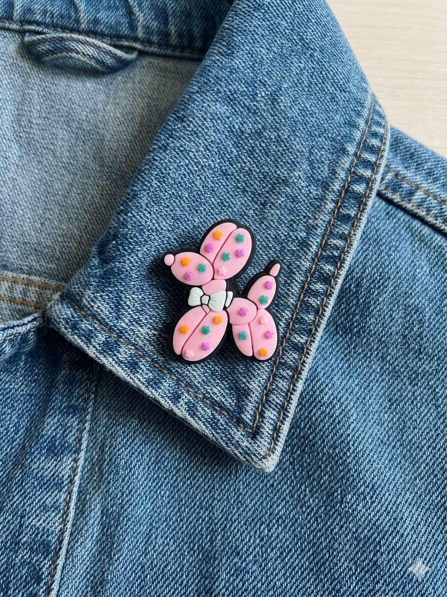 Pins chien ballon rose.pois multicolore