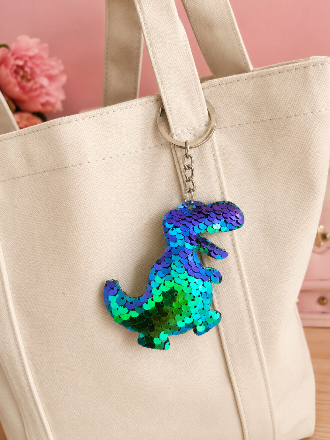 Porte clef sequins dinosaure vert/violet