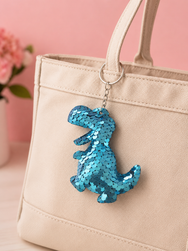 Porte clef sequins dinosaure bleu