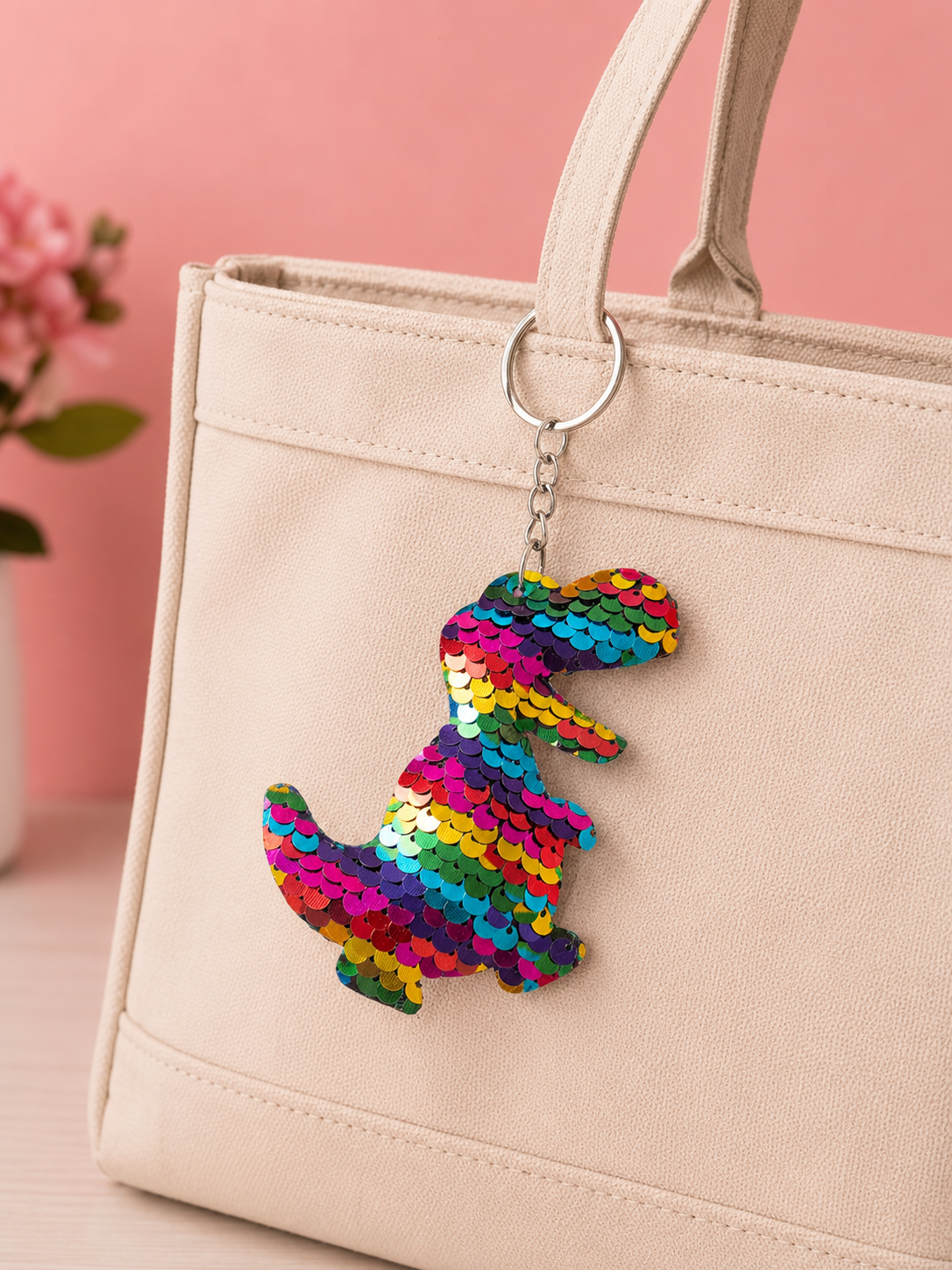 Porte clef sequins dinosaure multicolore