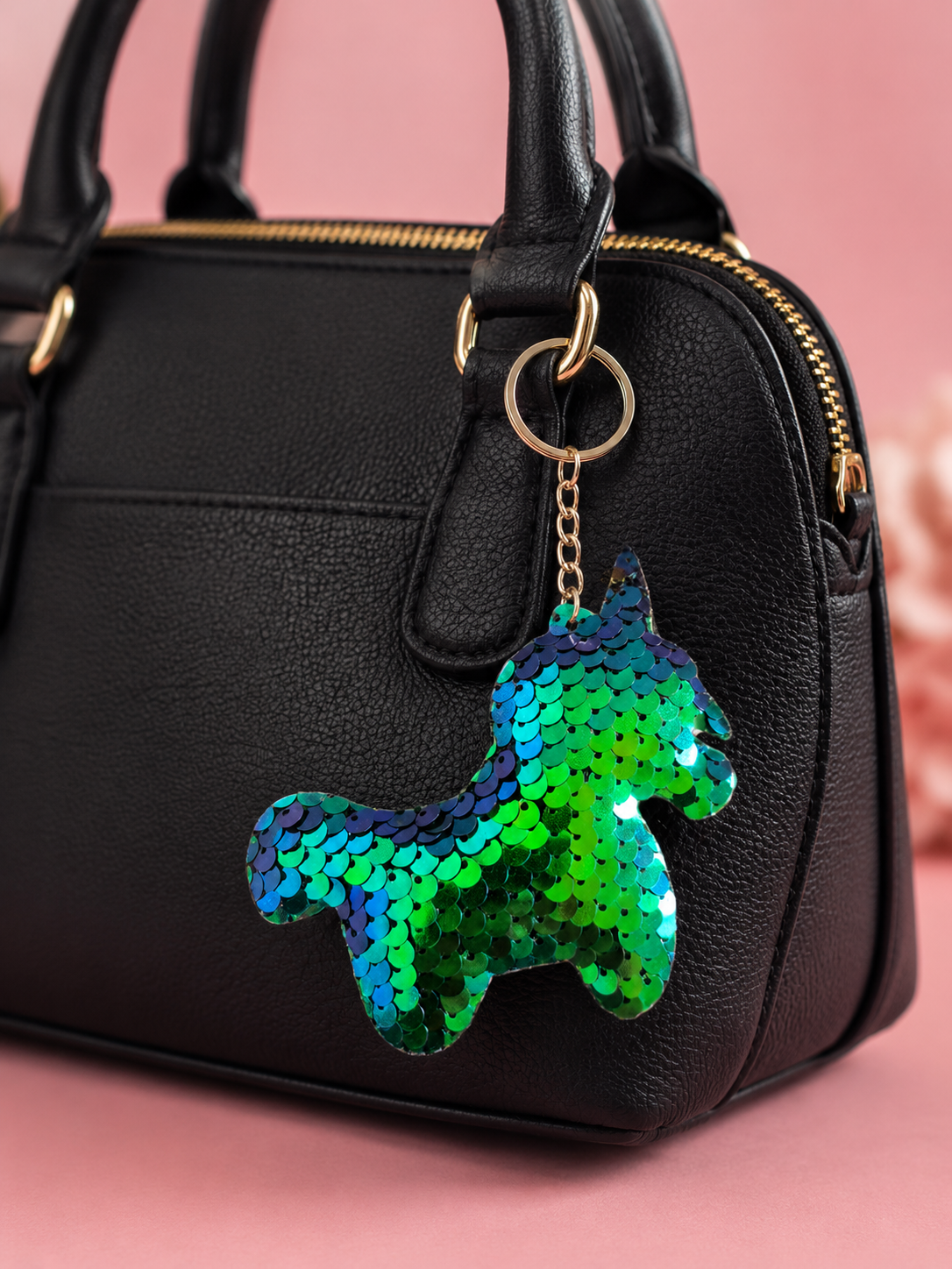 Porte clef sequins licorne vert/violet