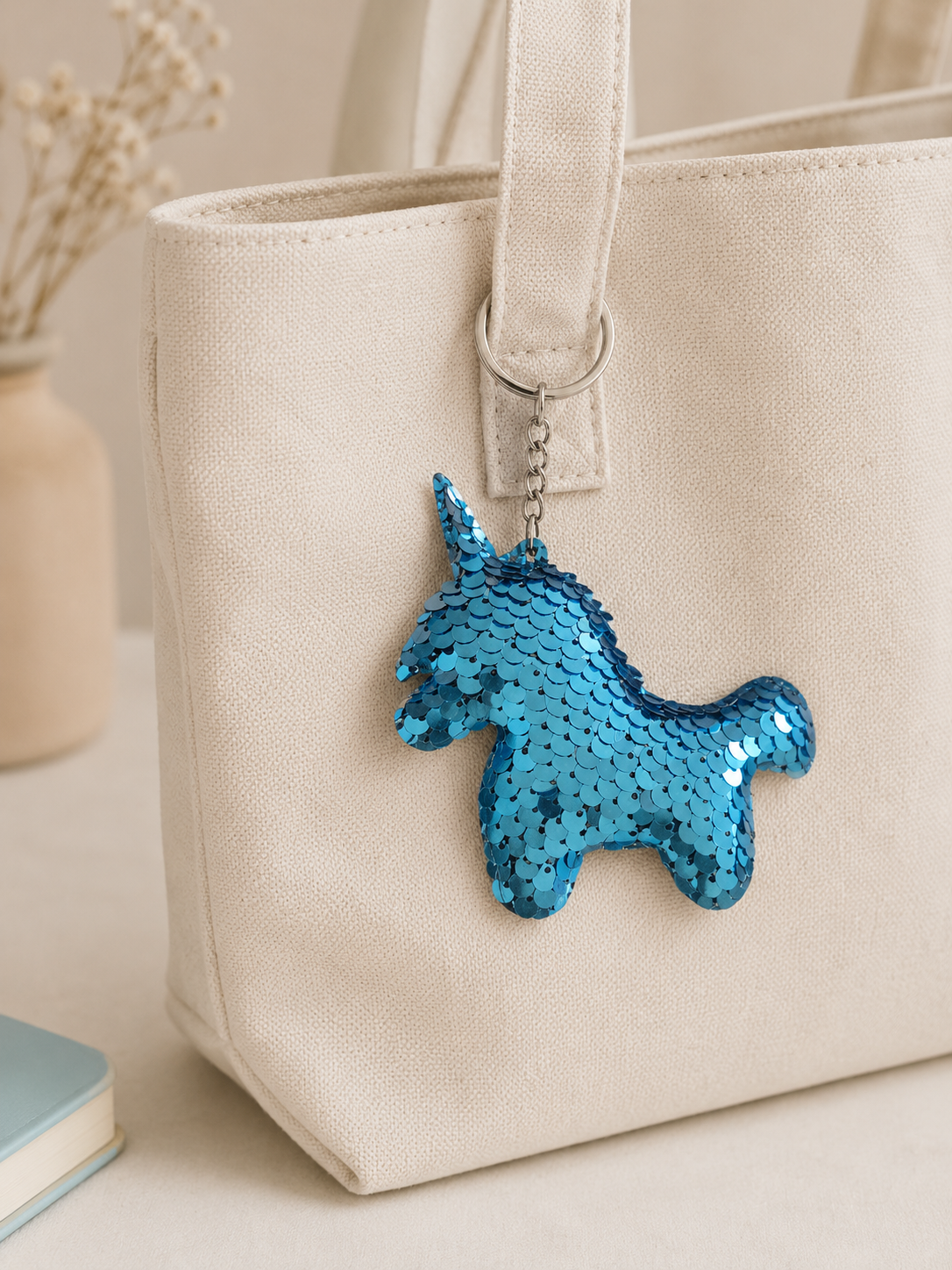 Porte clef sequins licorne bleu