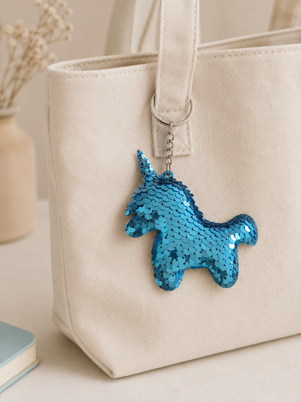 Porte clef sequins licorne bleu