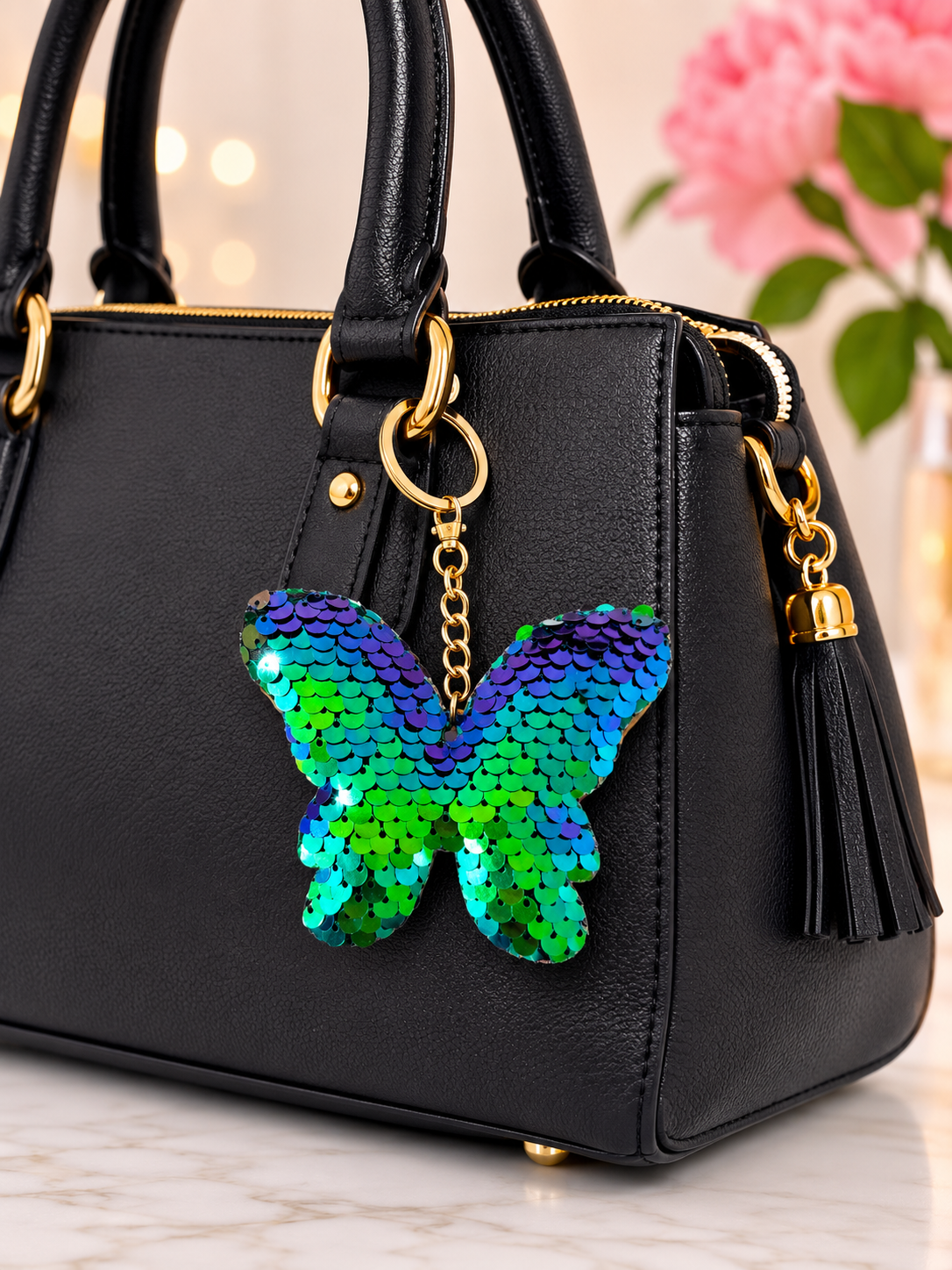 Porte clef sequin papillon vert/violet