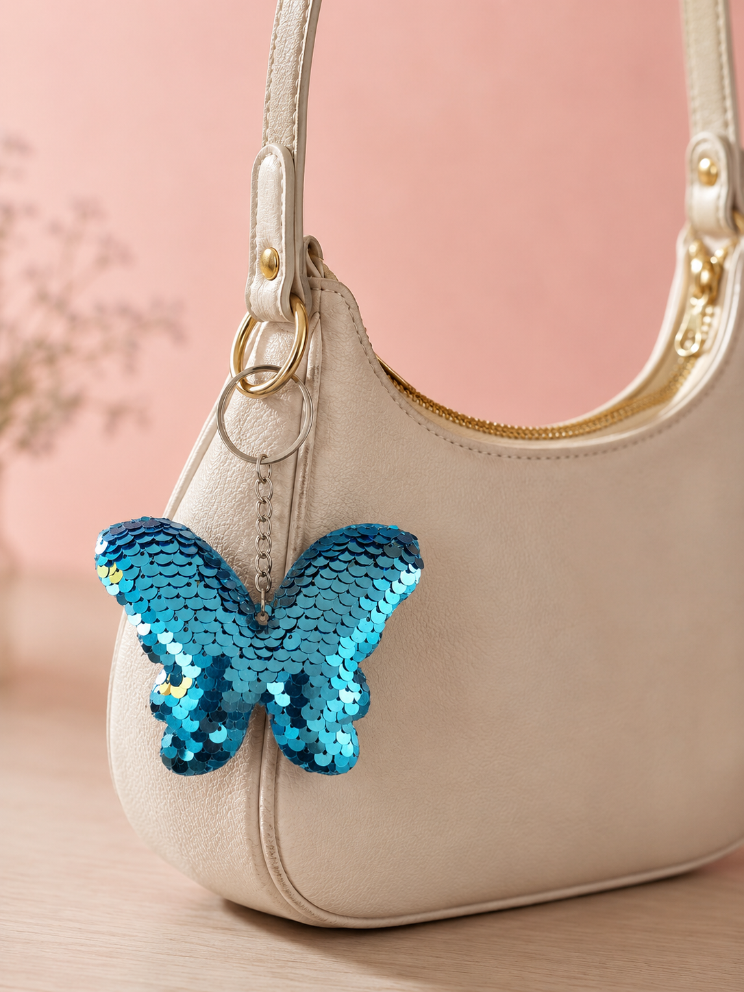 Porte clef sequins papillon bleu