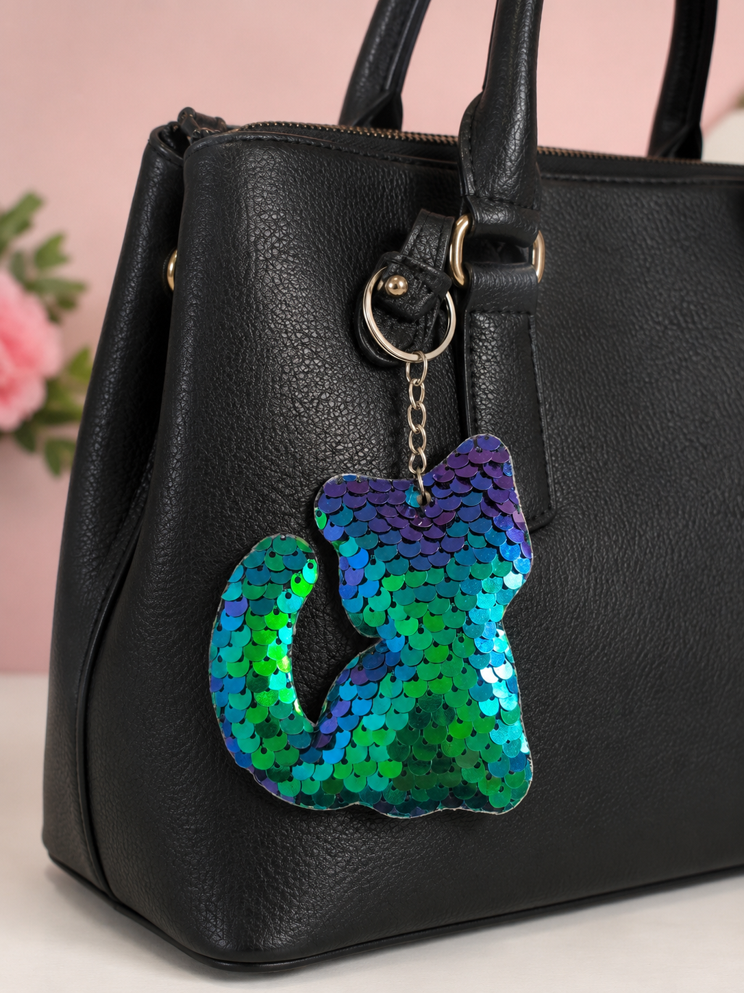 Porte clef sequins chat vert/violet