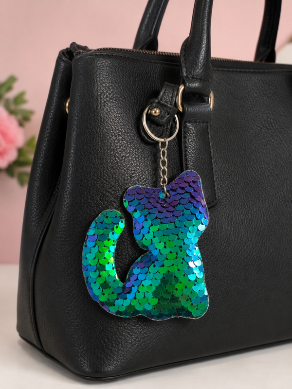 Porte clef sequins chat vert/violet