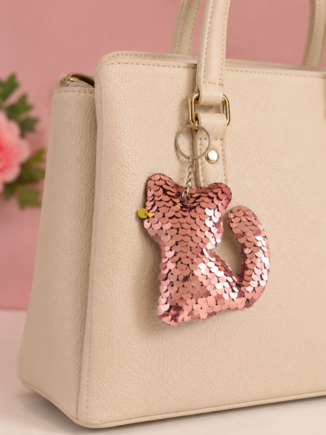 Porte clef sequins chat rose