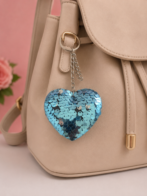 Porte clef sequins coeur bleu