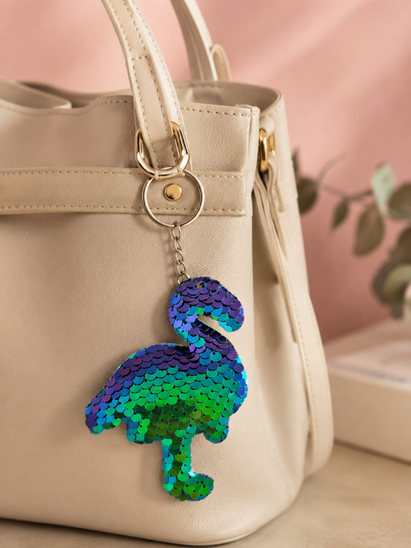 Porte clef flamant sequins vert/violet