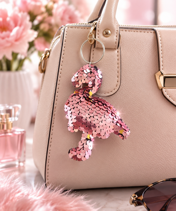Porte clef sequins flamant rose