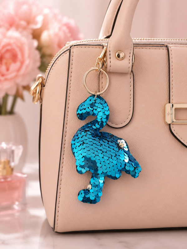 Porte clef flamant sequins bleu
