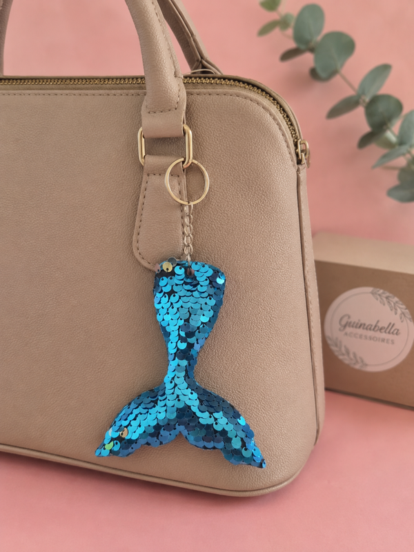 Porte clef sequins queue sirene bleu