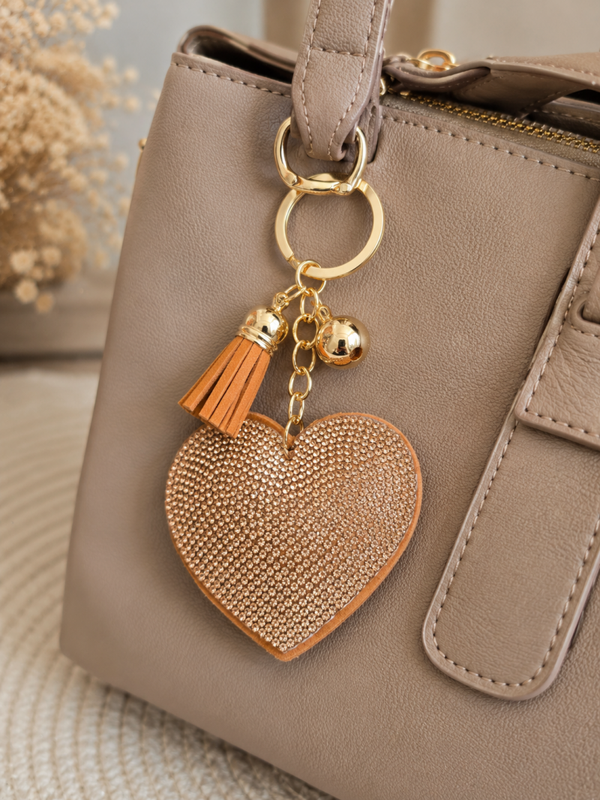 Porte clef strass coeur beige